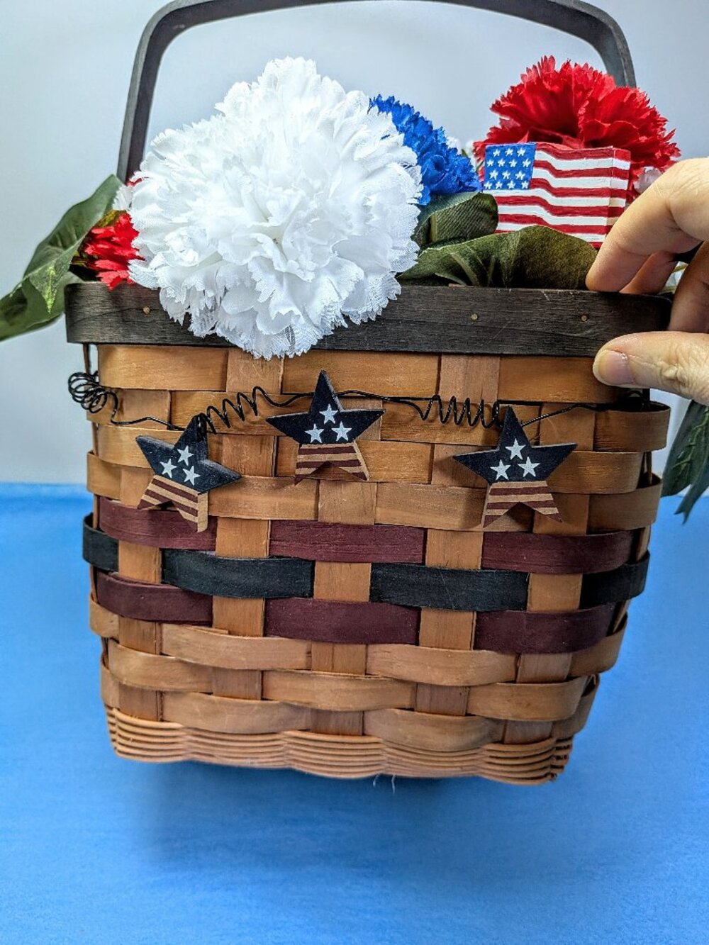 Rustic Americana Floral Basket Centerpiece Patriotic 4th of July Decor Wood Flag